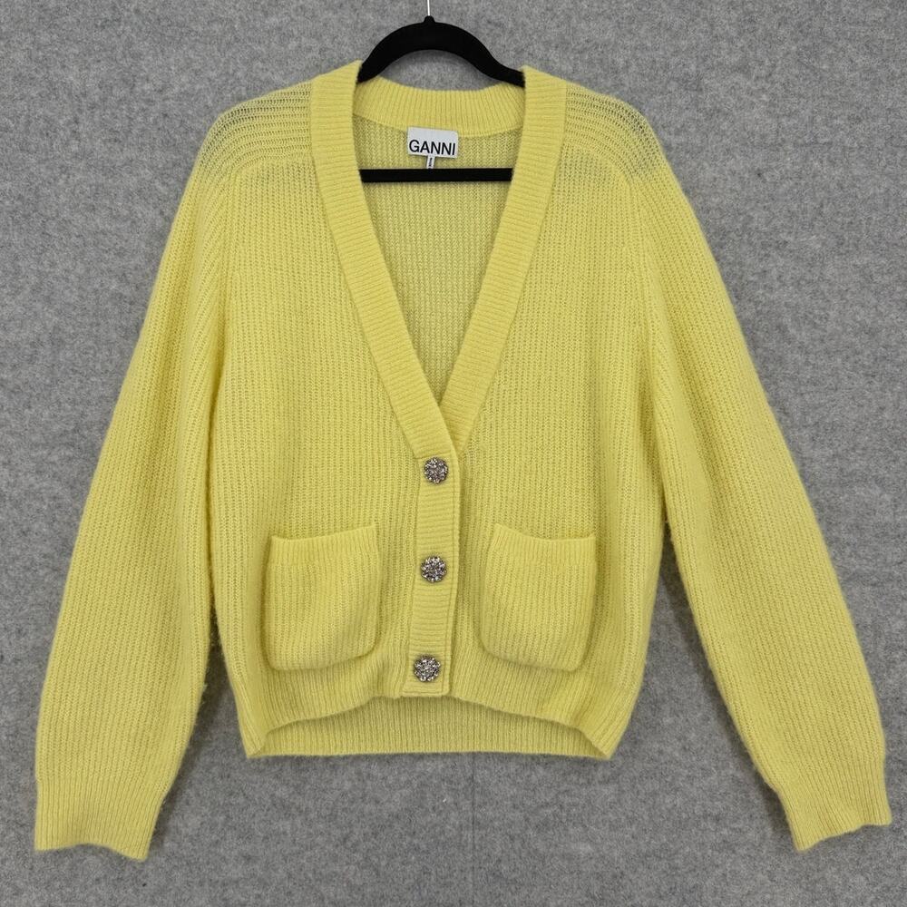 GANNI Elfin Yellow Jewel Button-Front Alpaca Wool Brushed Cardigan Size LARGE